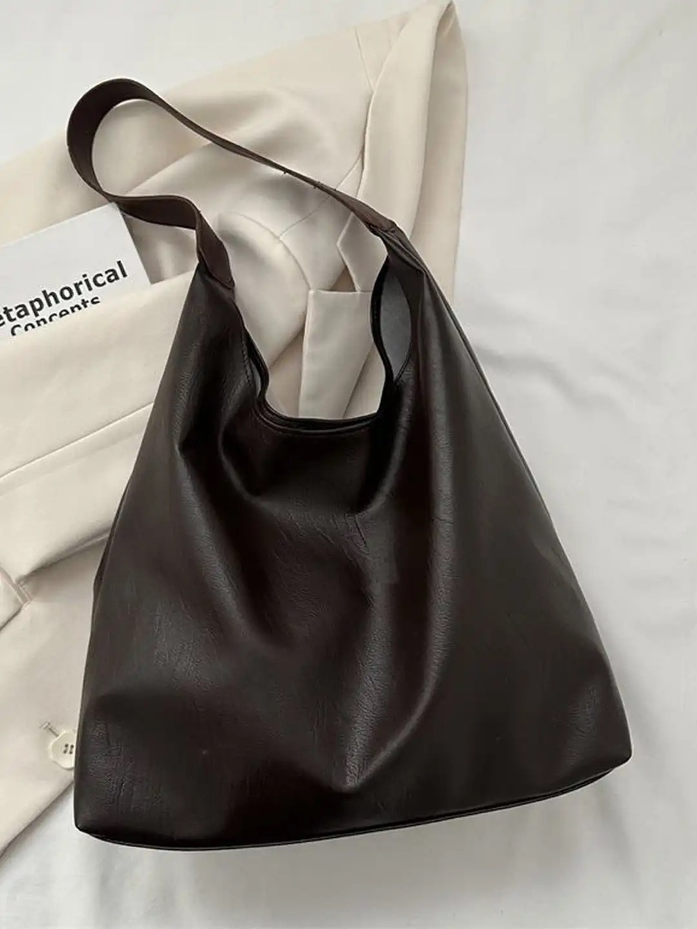 Minimalist Dark Brown faux Leather large Shoulder tote Bag